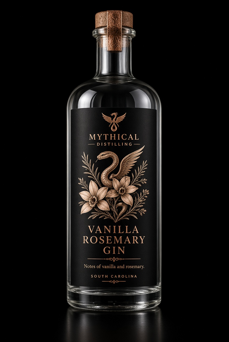 Vanilla Rosemary Gin concept bottle with winged serpent