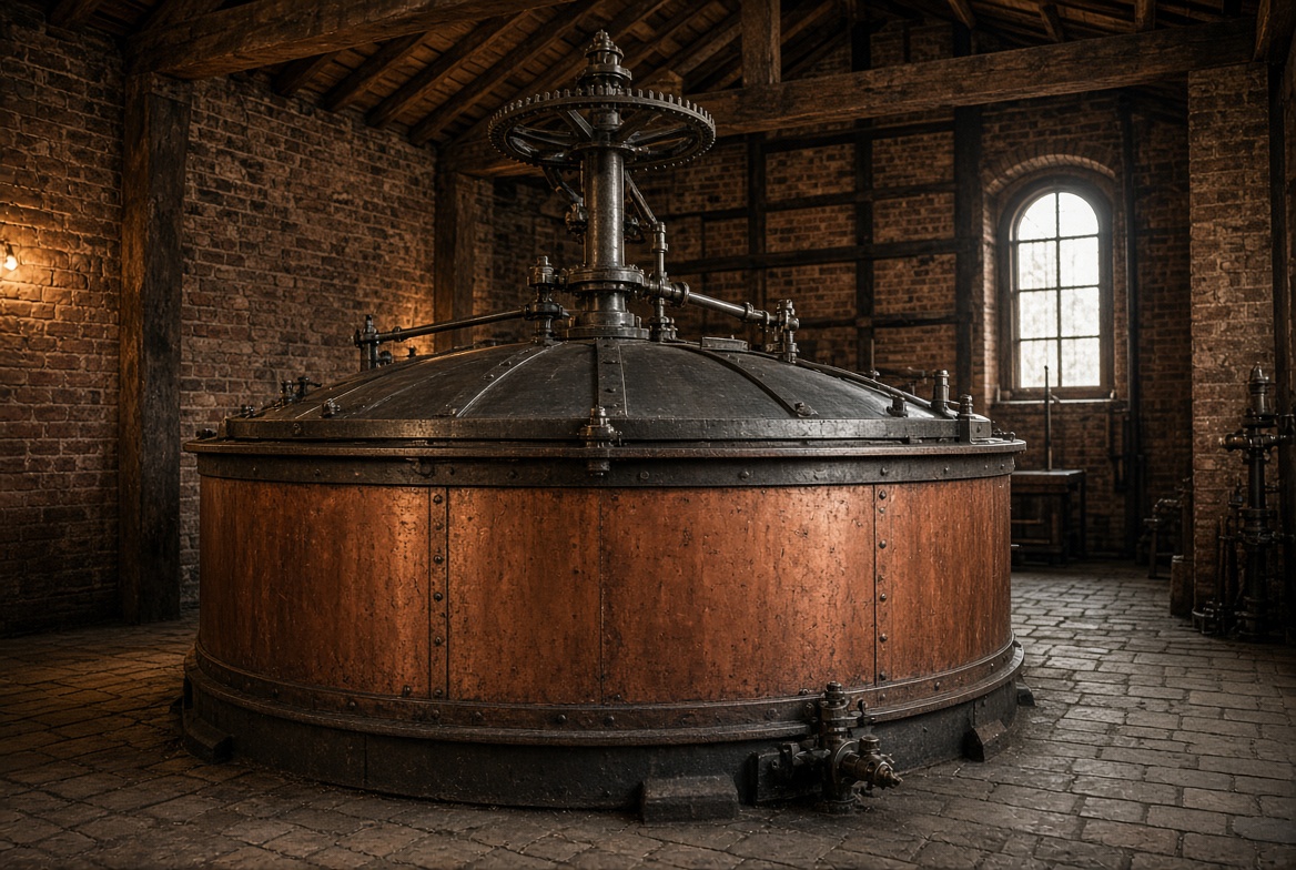 Copper mash tun — grain is mashed here before the long wash