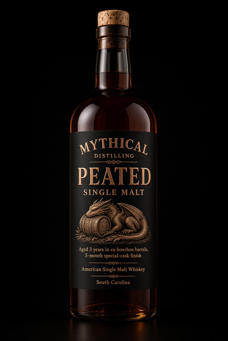 Peated Single Malt concept bottle with companion dragon